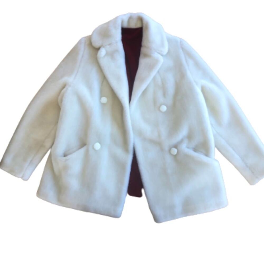 Vintage White Faux Fur Coat Red Velvet Lining Pockets Open Front Collar Large